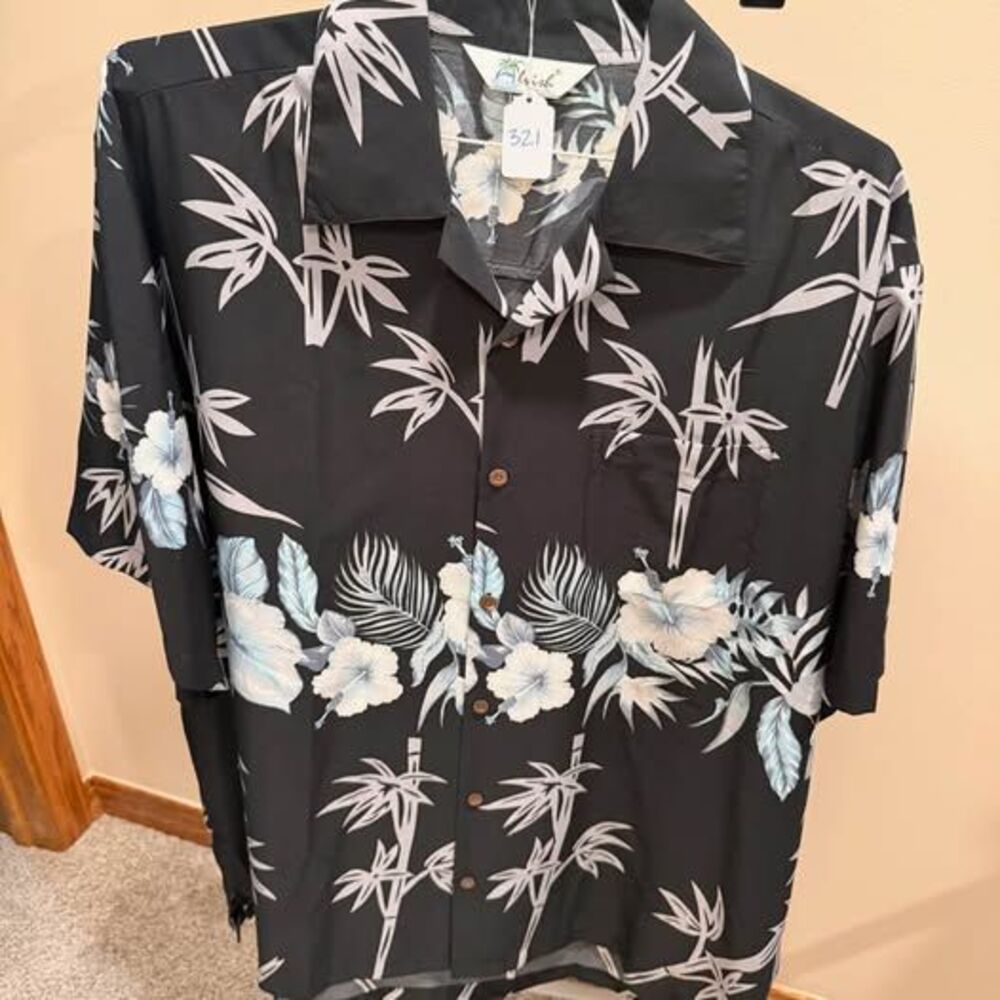 Alvish Black Tropical Bamboo Hibiscus Hawaiian Shirt 2XL